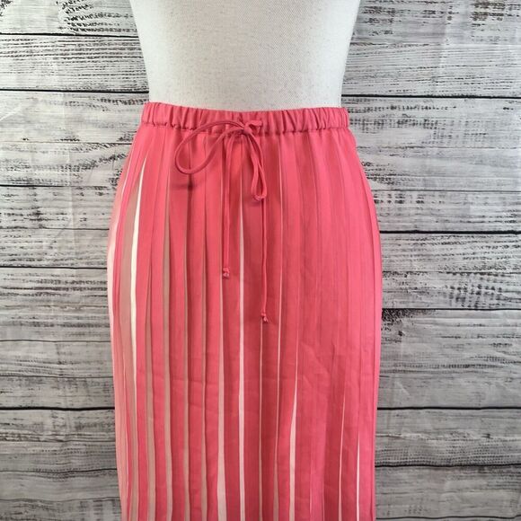 Joe Fresh Skirt size Medium Coral Pink Pleated Knee A Line Sheer Modest Church - Picture 2 of 8